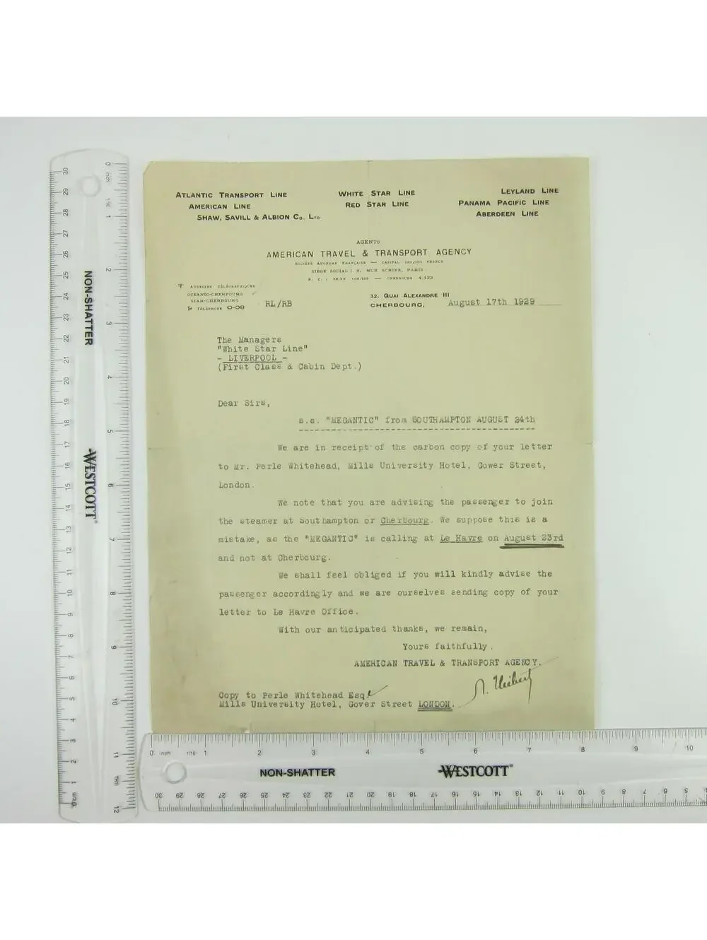 1929 Letterhead American Travel & Transport White Star Lines Perle Whitehead